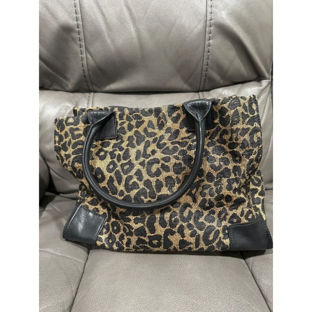 Tory Burch Ella Medium Tote Bag Leopard Print Jacquard Leather Black Tan